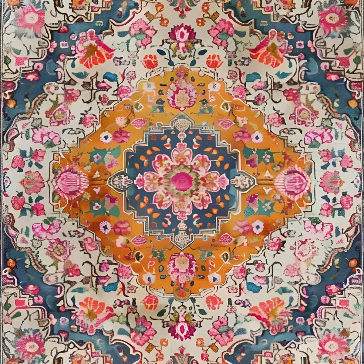 Colorful floral and geometric patterned rug with intricate design
