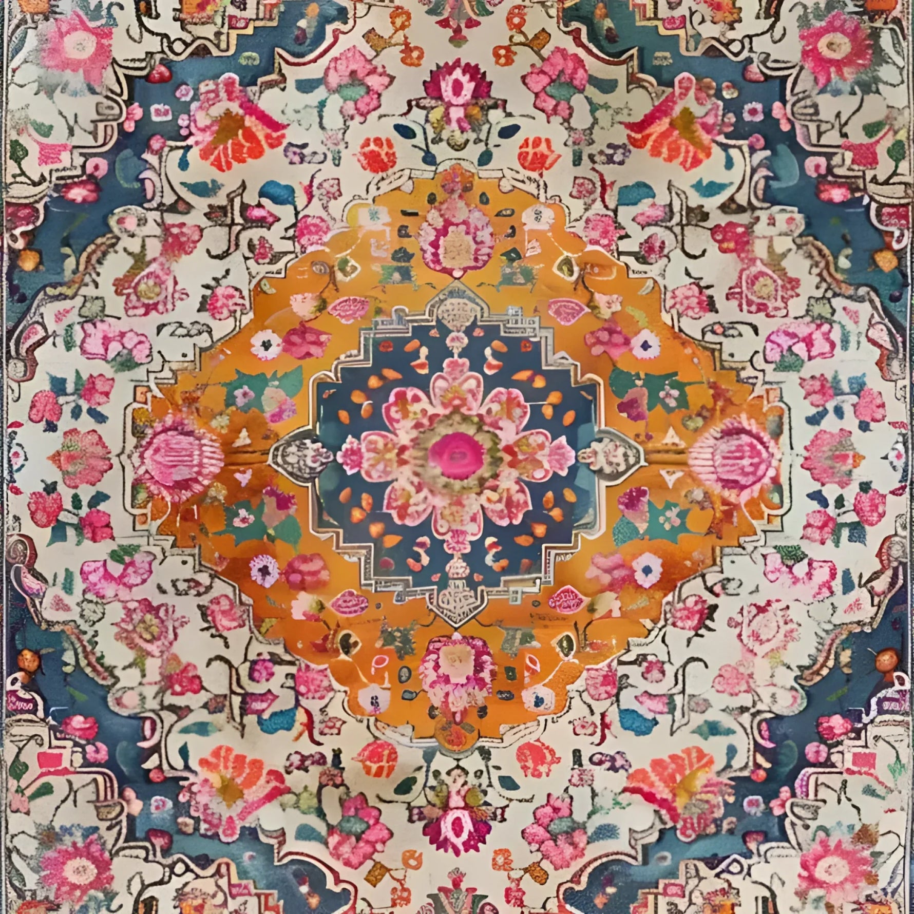 Colorful floral and geometric patterned rug with intricate design