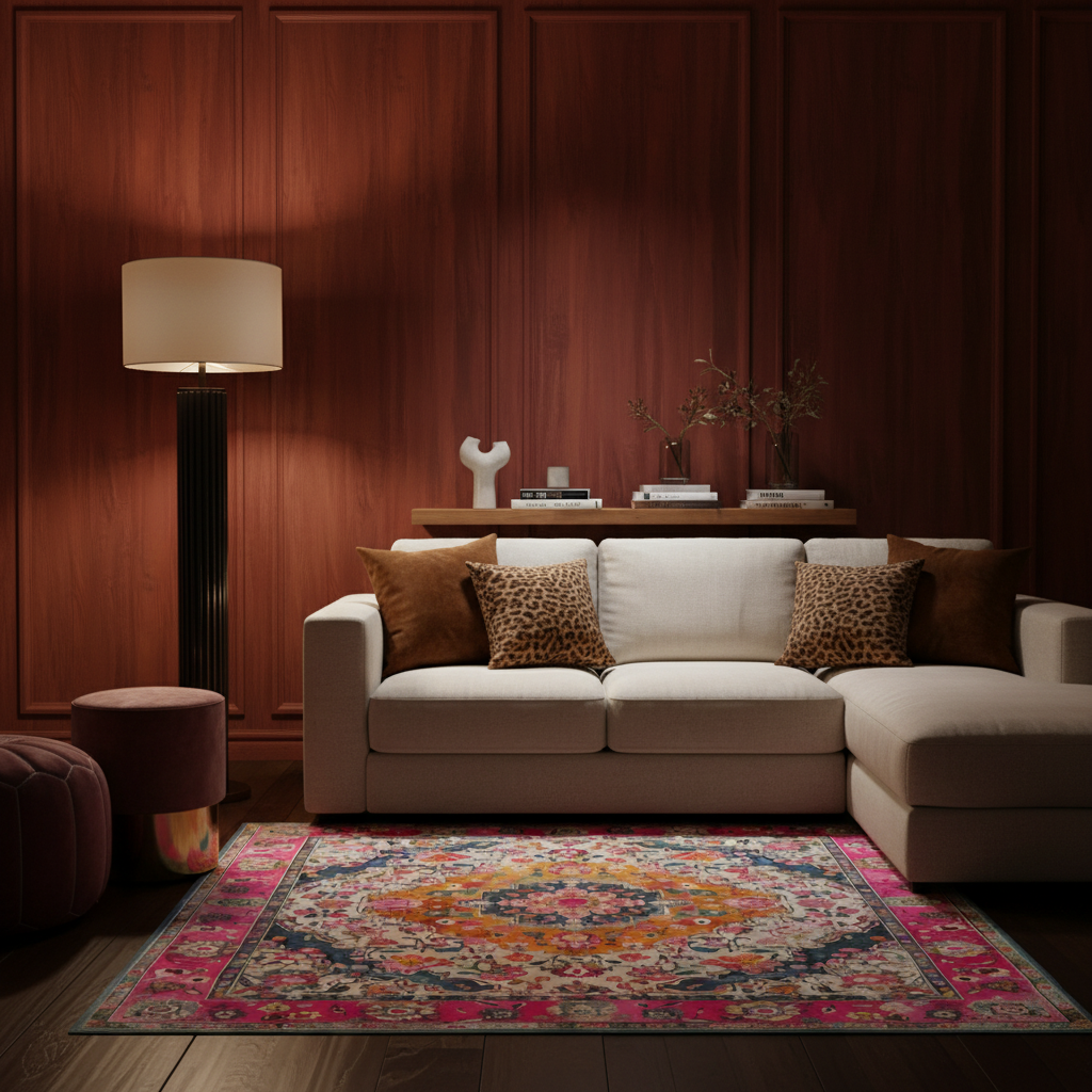 A styled living room scene featuring a cream sectional sofa with leopard-print and brown accent pillows, set against a dark wood-paneled wall. A colorful traditional-style area rug in pink, orange, and blue is prominently displayed on the dark wood floor in the foreground.