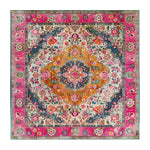 Decorative rug with a colorful floral pattern on a white background