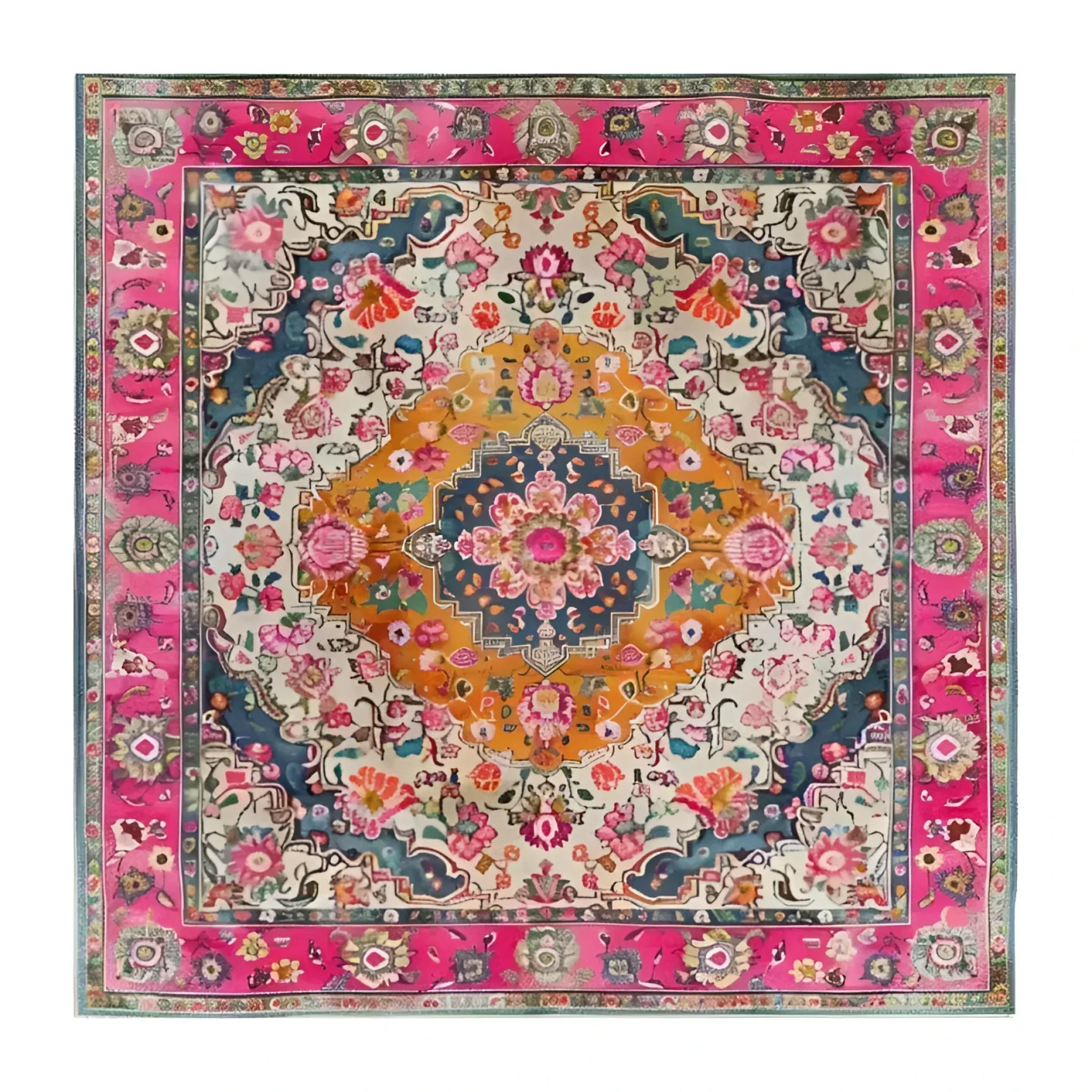 Decorative rug with a colorful floral pattern on a white background