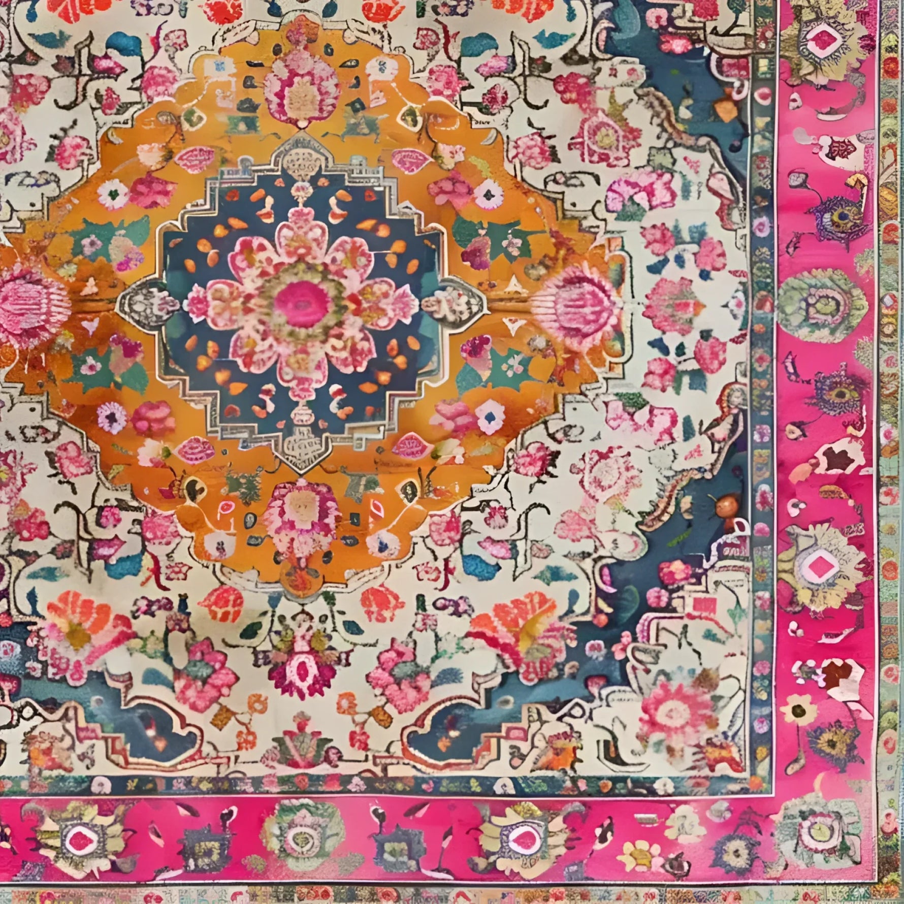 Colorful floral and geometric patterned rug with a pink border