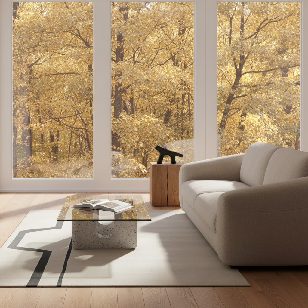 A modern living room with a light beige sofa, a glass-top coffee table, and a large white rug, set against floor-to-ceiling windows showing a bright golden autumn forest view.