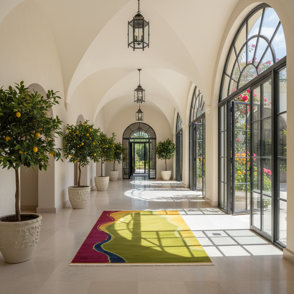 A colorful area rug with a wavy abstract pattern in yellow, green, blue, and magenta, styled on a light stone floor in a bright, elegant arched hallway with potted citrus trees and large glass doors.
