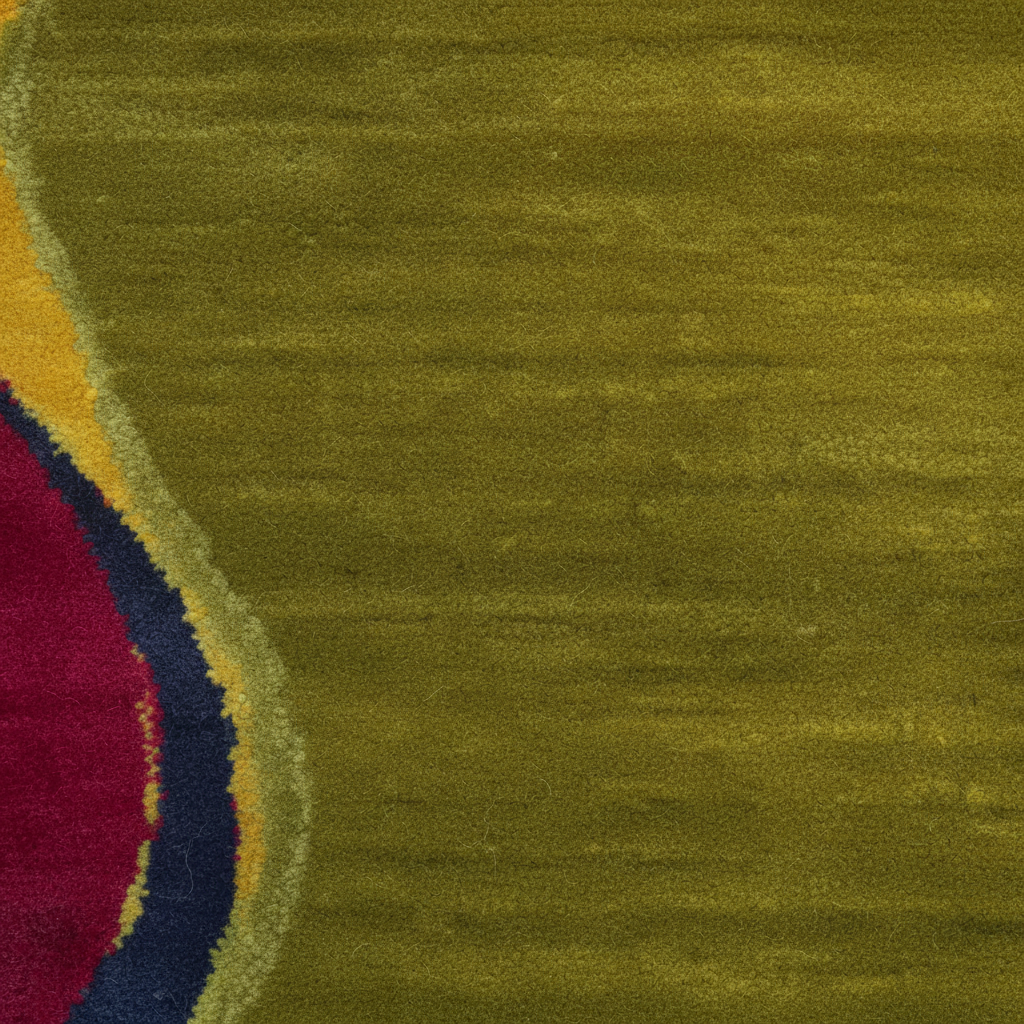 A close-up of a plush textured rug or fabric in olive green, with curved border sections in magenta, yellow, and navy visible along the left edge.