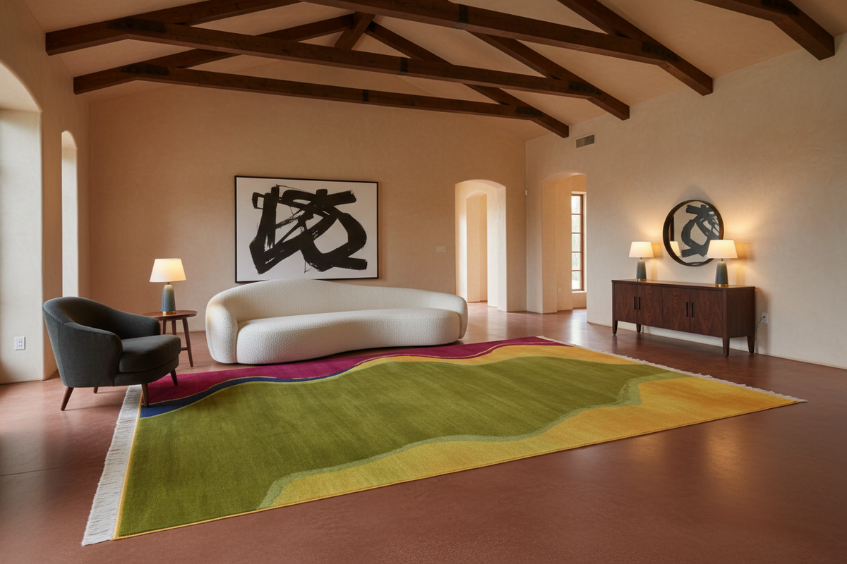 A large rectangular area rug with wavy bands of olive green, mustard yellow, and cream, styled in a modern living room with a curved white sofa, dark gray armchair, and wooden ceiling beams.