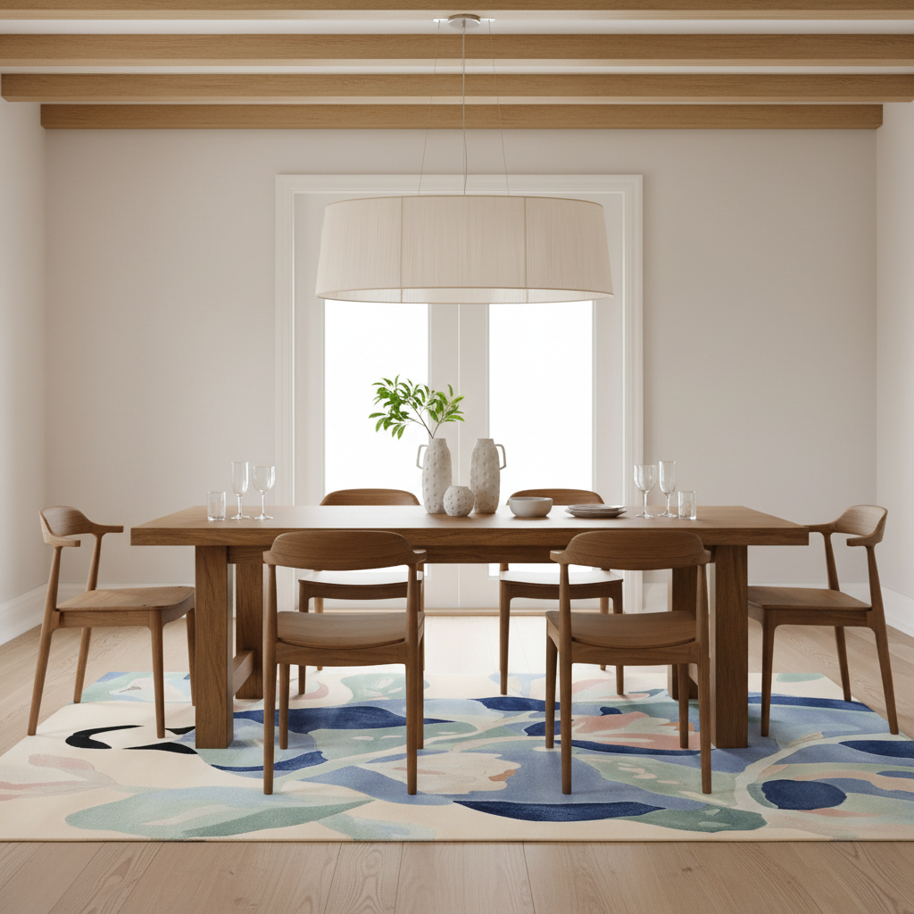 A modern dining room setup featuring a rectangular wooden dining table surrounded by six matching wooden chairs with upholstered seats, set on a colorful abstract patterned area rug. The room has light beige walls, a large window in the back, a large white drum pendant light, and light wood ceiling beams.