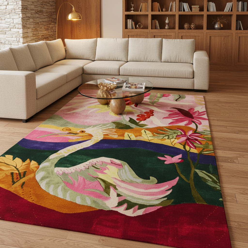A large area rug with a colorful, detailed illustration of a winding river and floral motifs, styled in a modern living room setting with a beige sectional sofa and glass coffee table.