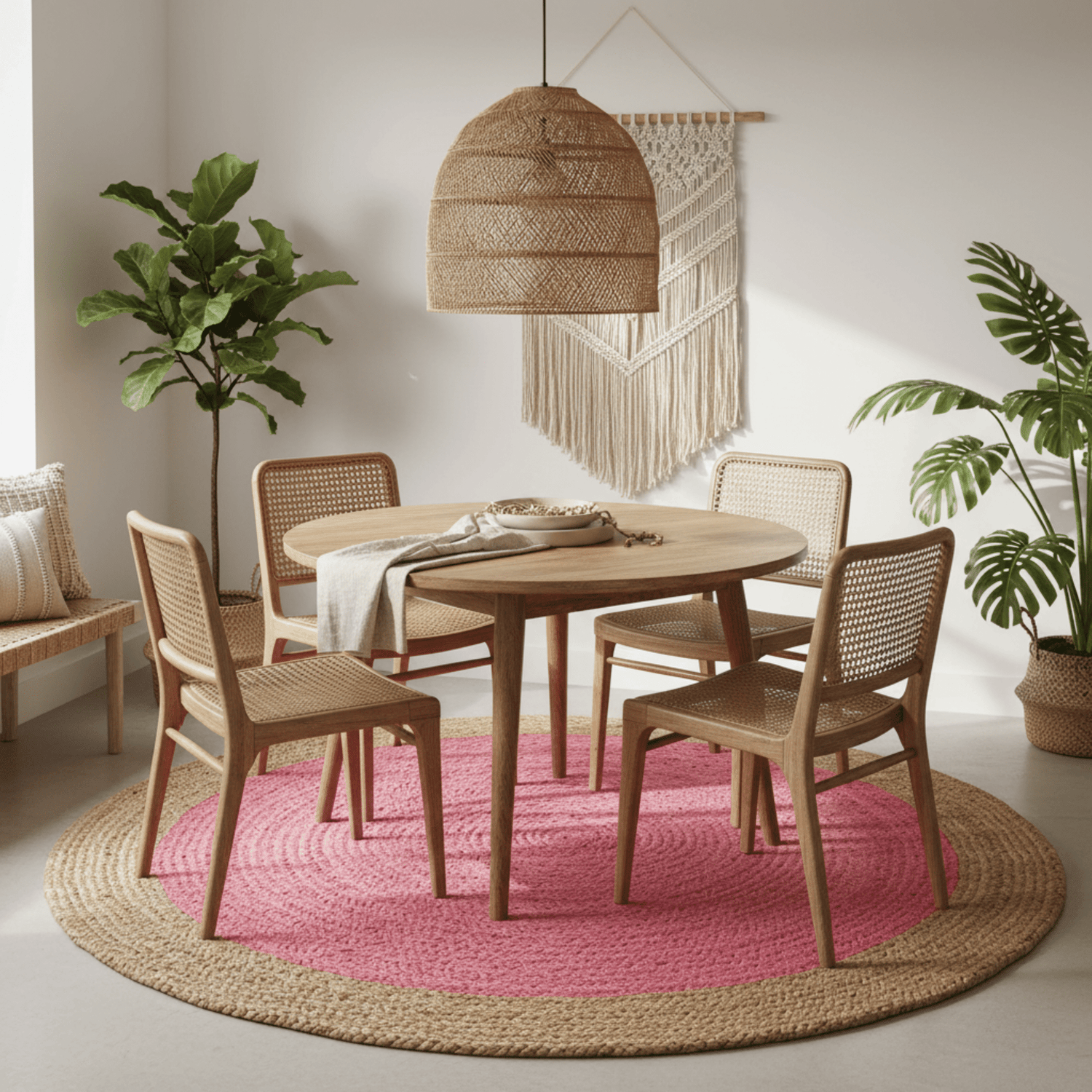 Natural Bordered Bright Pink Round Jute Rug