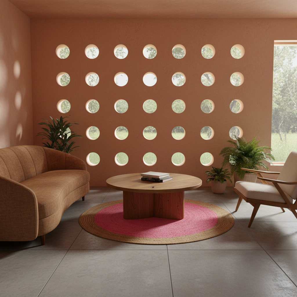 A mid-century modern living room scene featuring a terracotta-colored wall with a grid of circular cutouts, a curved tan sofa, a round wooden coffee table on a pink and beige rug, and a mid-century armchair.