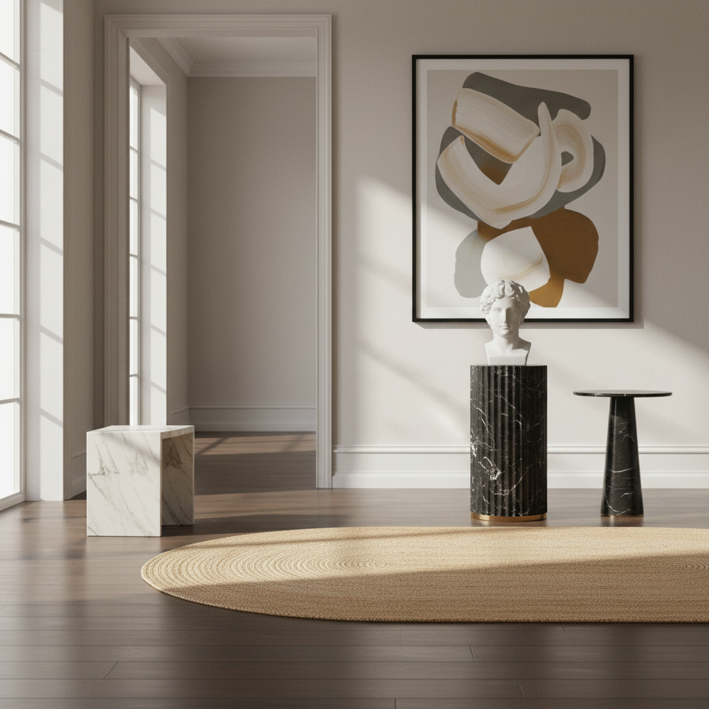 A styled interior scene with a framed abstract wall art print above a black marble pedestal with a white bust, alongside a small black side table and a round beige rug on dark wood flooring.