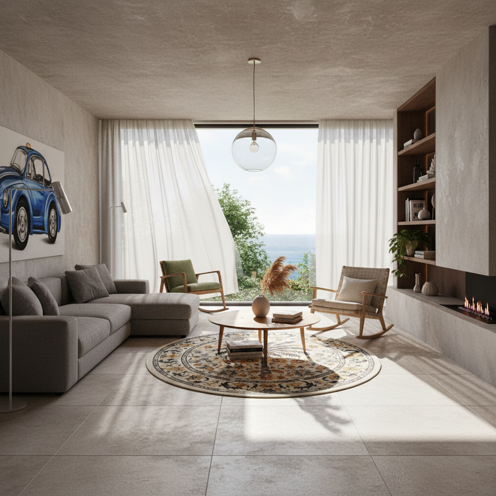 A modern, sunlit living room with a gray sectional sofa, two wooden chairs, a round patterned rug, a low coffee table, and a large window looking out to the ocean. A blue car artwork hangs on the wall, and the room is styled with neutral tones and natural light.