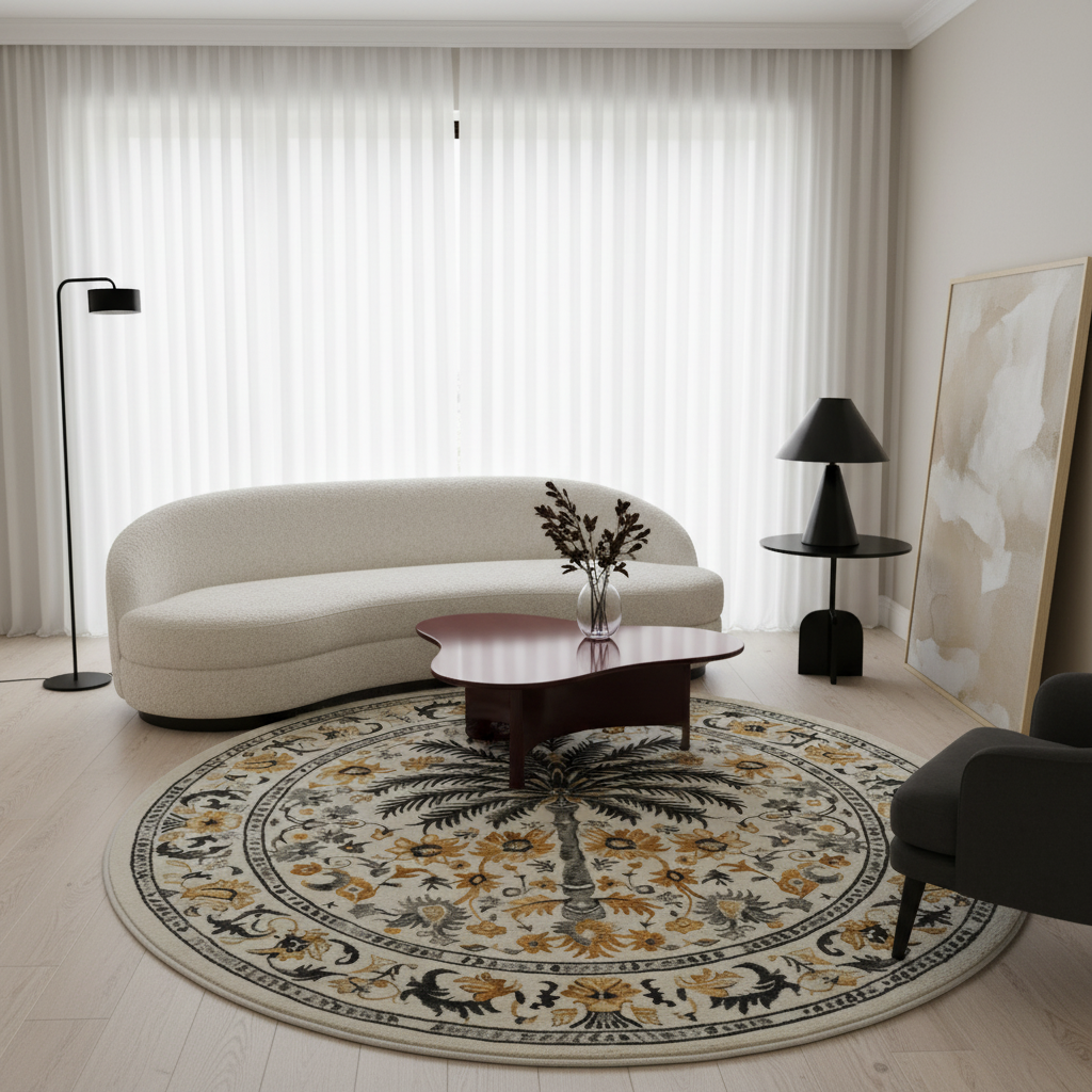 A round area rug with an intricate floral and palm tree pattern in beige, yellow, black, and gray, styled in a modern living room with a curved cream sofa, dark wood coffee table, and black floor lamps.