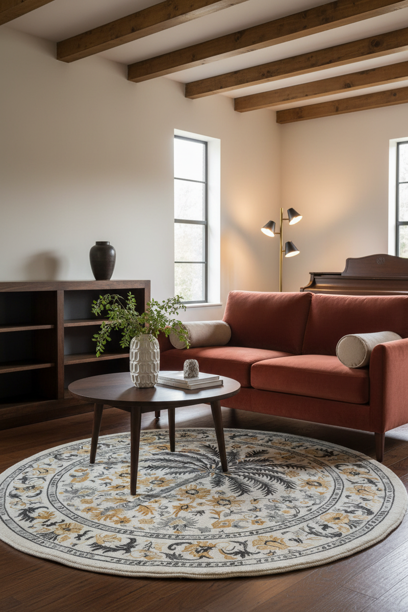 A styled living room featuring a rust-red sectional sofa, a round wooden coffee table, a large round patterned area rug, and a dark wood shelving unit against a warm beige wall with exposed wooden ceiling beams.