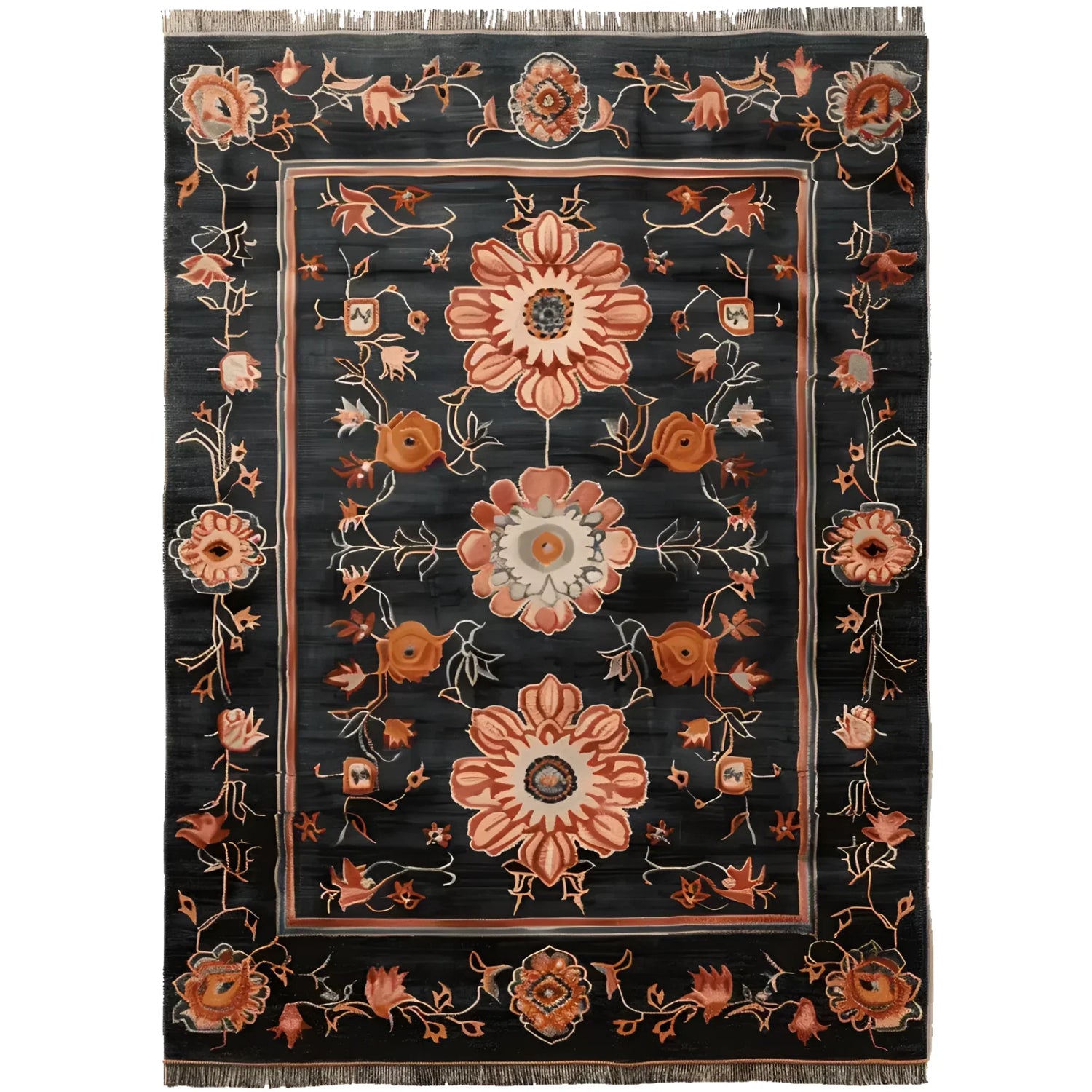 A luxurious Obsidian Floral Frame Hand Knotted Area Rug in a rich black hue, featuring intricate floral patterns in warm tones. This wool rug is perfect for adding elegance to living rooms, especially in the 8x10 size.