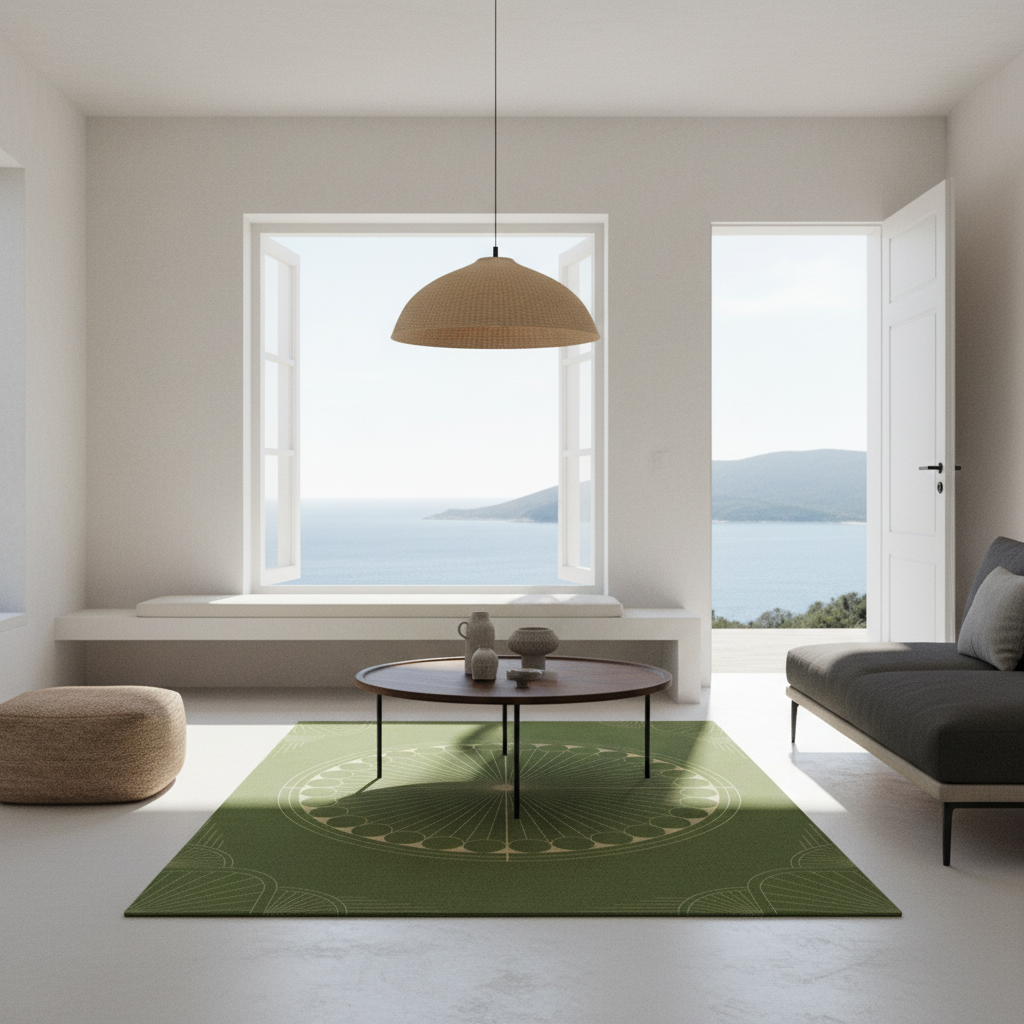 A modern living room with a green area rug featuring a gold circular sunburst pattern, styled with a round wooden coffee table, a woven pendant light, and a gray sofa, overlooking a scenic ocean view.