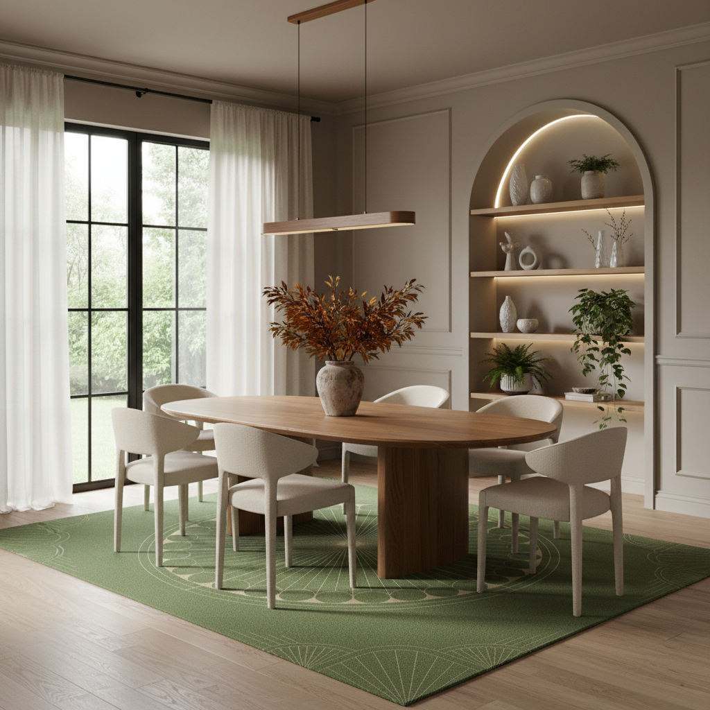 A modern dining room featuring a light wood oval table with six white upholstered chairs, set on a green patterned rug. The room has warm neutral walls, built-in shelving with plants and vases, and a large window with sheer white curtains.