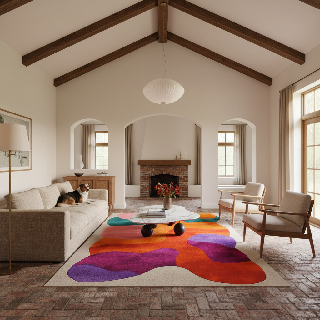 A large abstract area rug with flowing organic shapes in orange, red, purple, teal, and cream is styled in a bright, modern living room with a beige sofa, brick fireplace, and wood ceiling beams. A dog rests on the sofa, and a small dog toy sits on the rug.