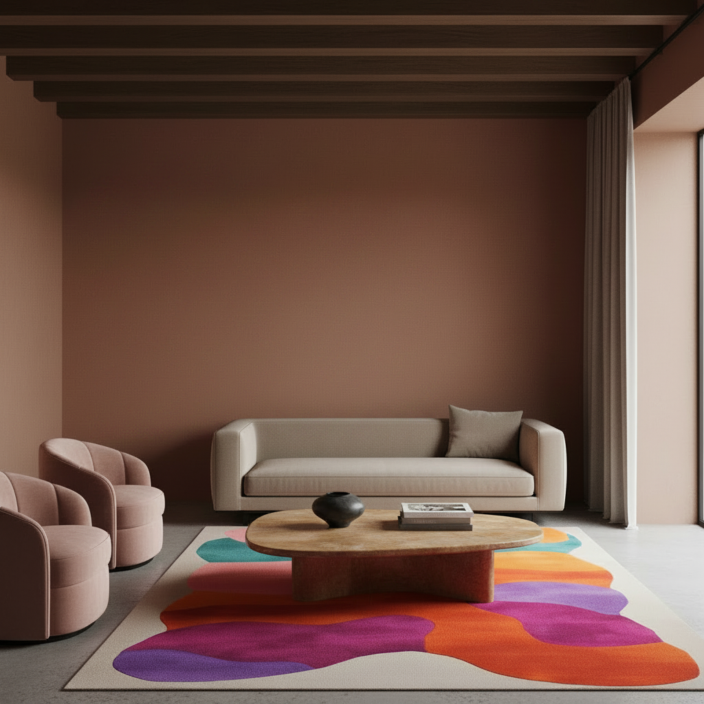 A modern living room scene with a beige sofa, two blush pink armchairs, a low wooden coffee table, and a large abstract area rug in orange, purple, teal, and pink on a light floor. The room has warm taupe-brown walls, dark wood ceiling beams, and a window with curtains.