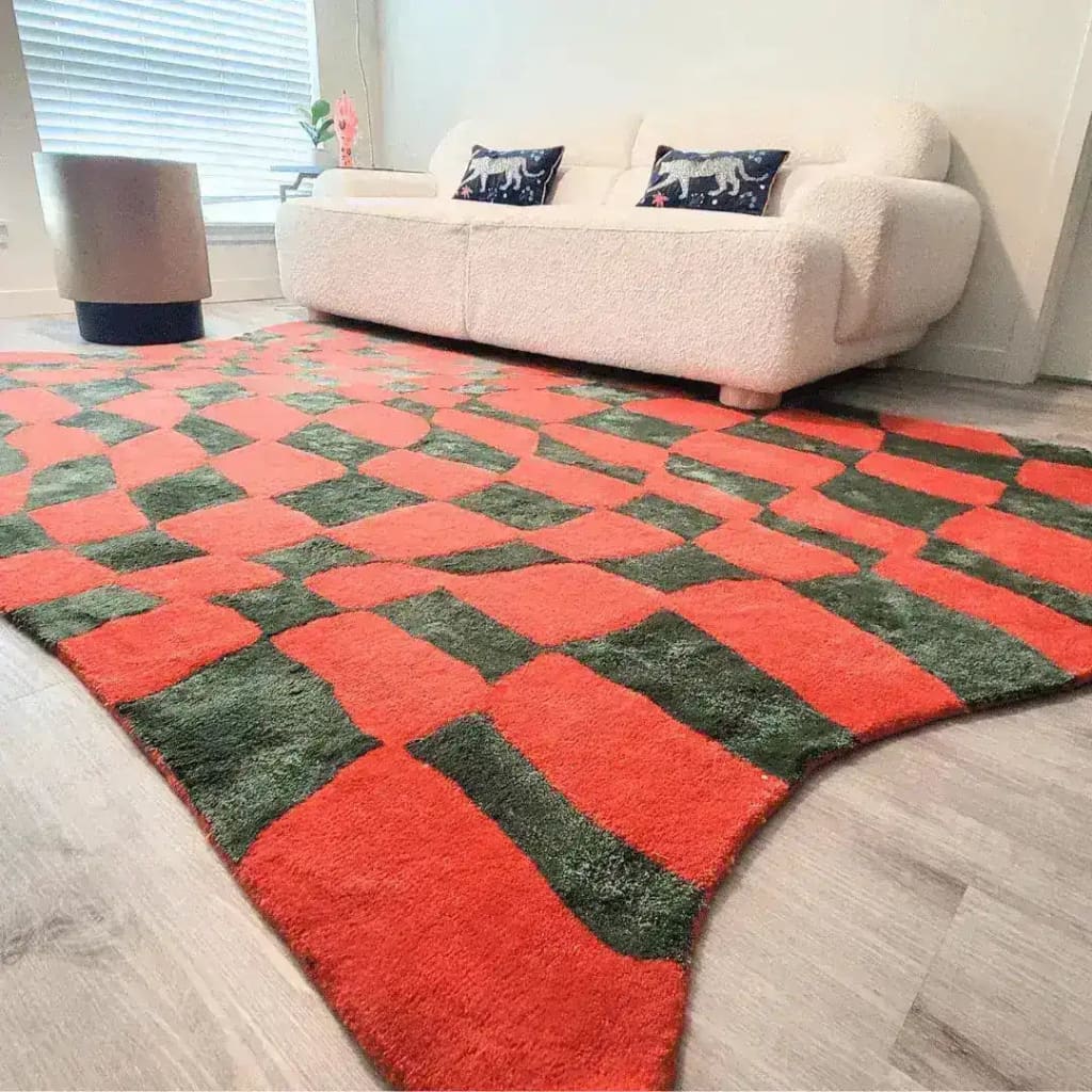 Orange and Green Wave Checker Hand Tufted Wool Rug 6 x 9 ft