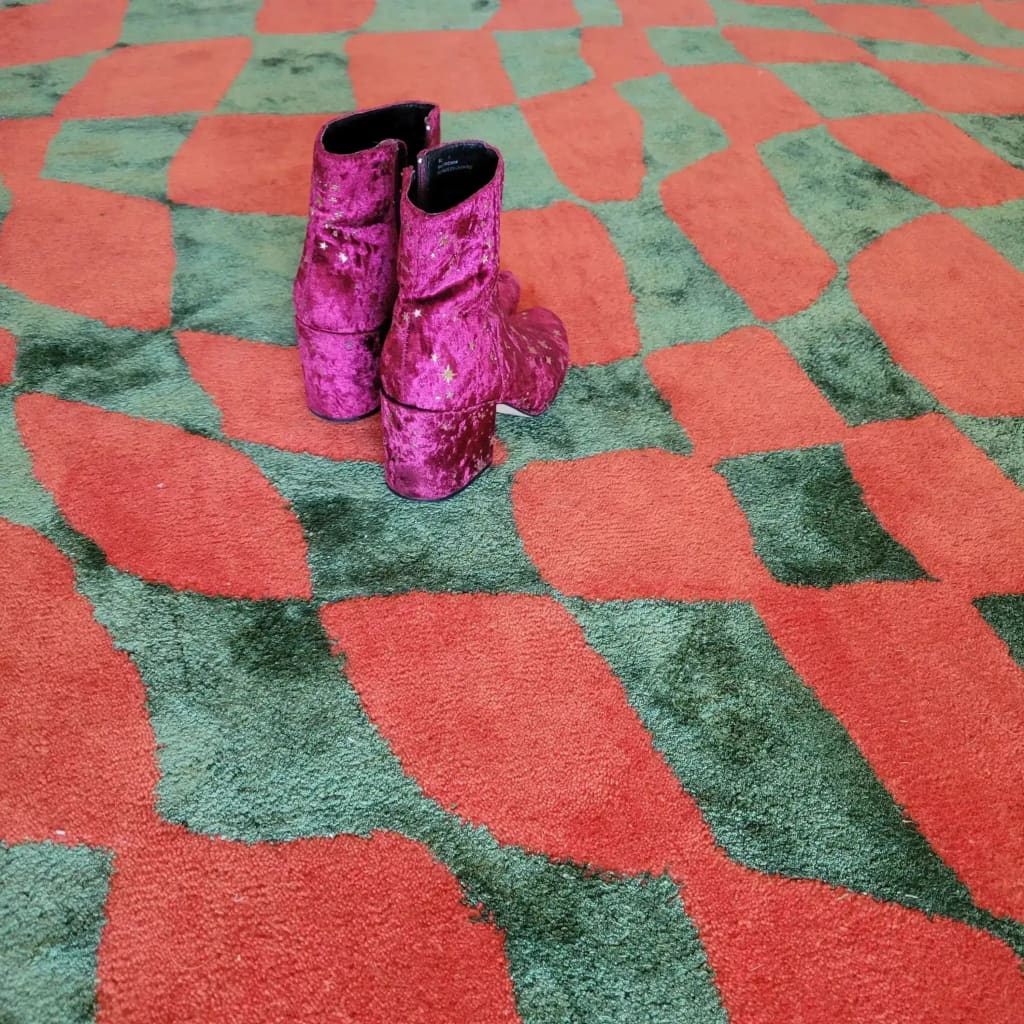 Orange and Green Wave Checker Hand Tufted Wool Rug 6 x 9 ft