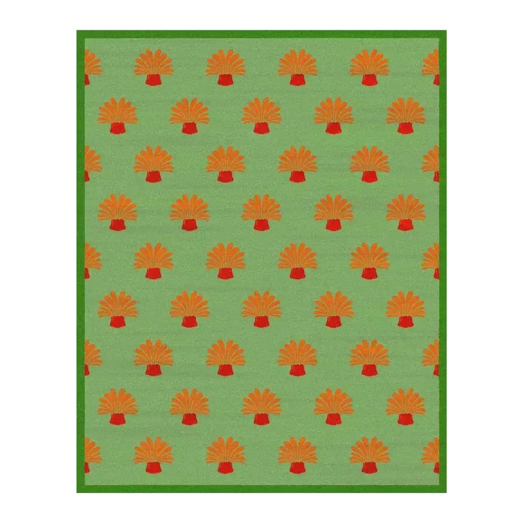 Orange Palm Trees Green Tufted Wool Rug