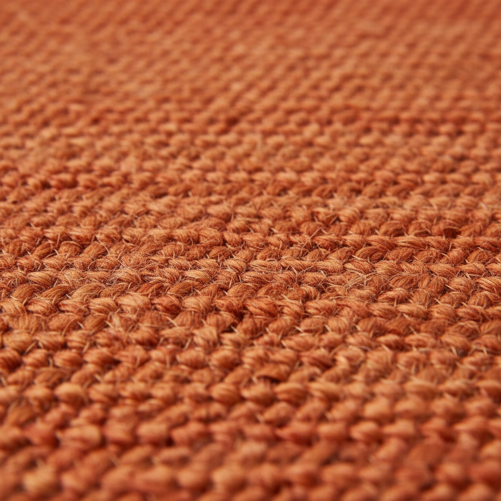 Close-up of a textured woven rug in a warm rust-orange color, showing the detailed loop pile and braided pattern.