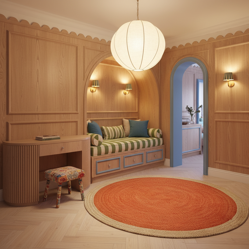A beautifully styled interior room with warm wood-paneled walls, a built-in striped daybed with blue cushions, a white globe pendant light, a small desk with a floral stool, and a large round orange-and-beige rug on a light wood floor.