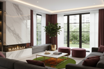 A modern living room interior with a large white marble fireplace wall, linear gas fireplace, floor-to-ceiling windows with sheer white curtains and burgundy drapes, a green potted plant, two round burgundy ottomans, a low white coffee table with gold accents, and a green patterned rug.