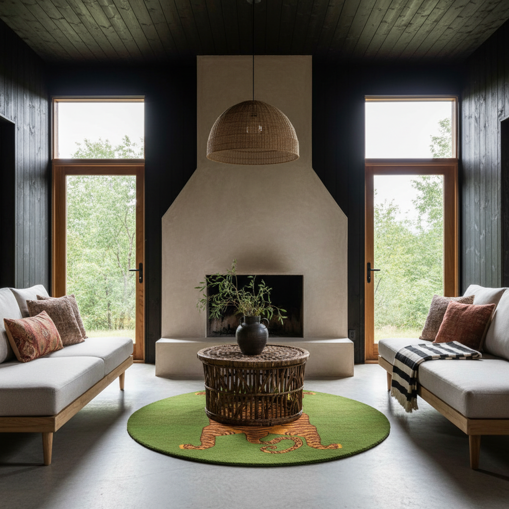 A styled living room interior featuring a round green rug with a tiger design in the center, surrounded by a round wicker coffee table, two white sofas with patterned pillows, and a large beige fireplace with tall windows looking out to green trees.
