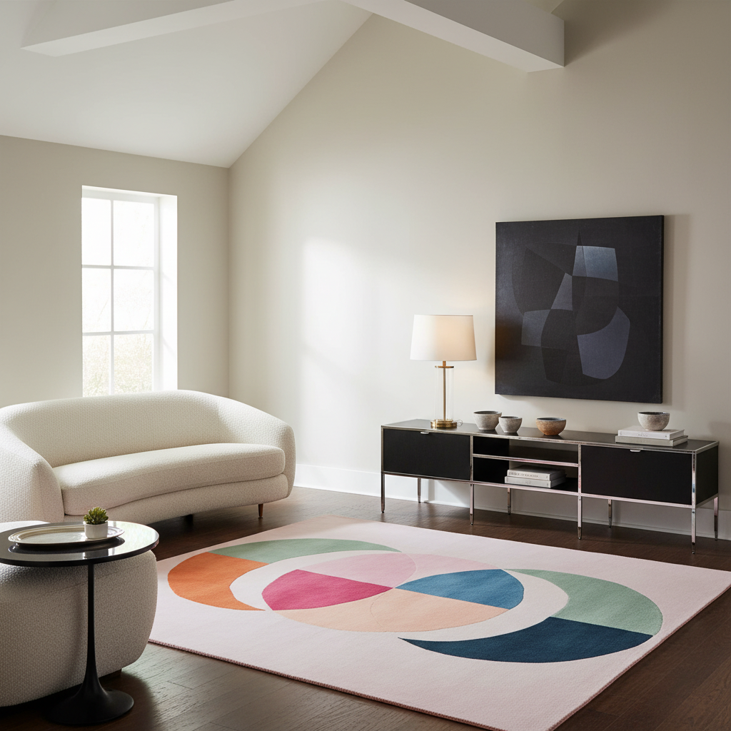 A modern living room featuring a large abstract area rug with overlapping pastel and cool-toned geometric shapes in orange, pink, cream, green, and blue on a pale blush background. The room includes a cream curved sofa, a black media console with a lamp and framed abstract wall art, and a window on the left.