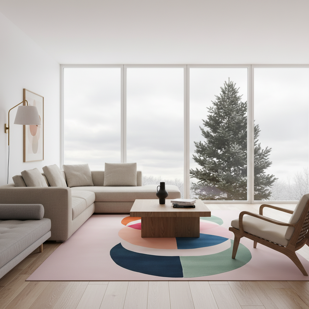 A modern living room with a light beige sectional sofa, a wooden coffee table, a pink area rug with a large multicolor circular pattern, and a wooden armchair. Large floor-to-ceiling windows show a snowy evergreen tree outside.