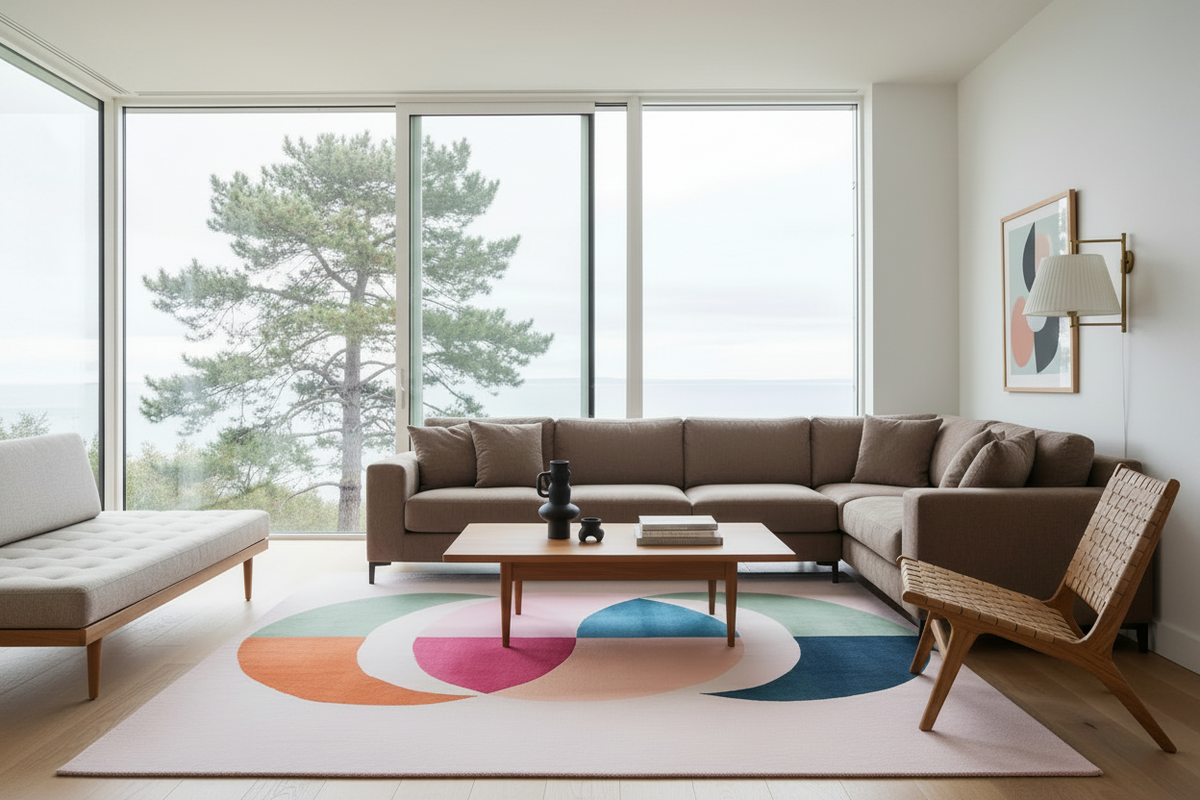 A modern living room with a large sectional sofa, matching accent chair, coffee table, and a colorful abstract-patterned area rug. Large floor-to-ceiling windows offer a view of a pine tree and the ocean, and the room is styled with neutral tones and natural light.