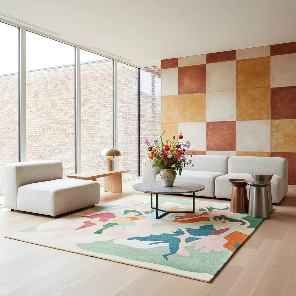 A modern living room with a large abstract area rug in pastel and bright colors, a white sectional sofa, a matching lounge chair, a round coffee table, and a bold checkered accent wall.