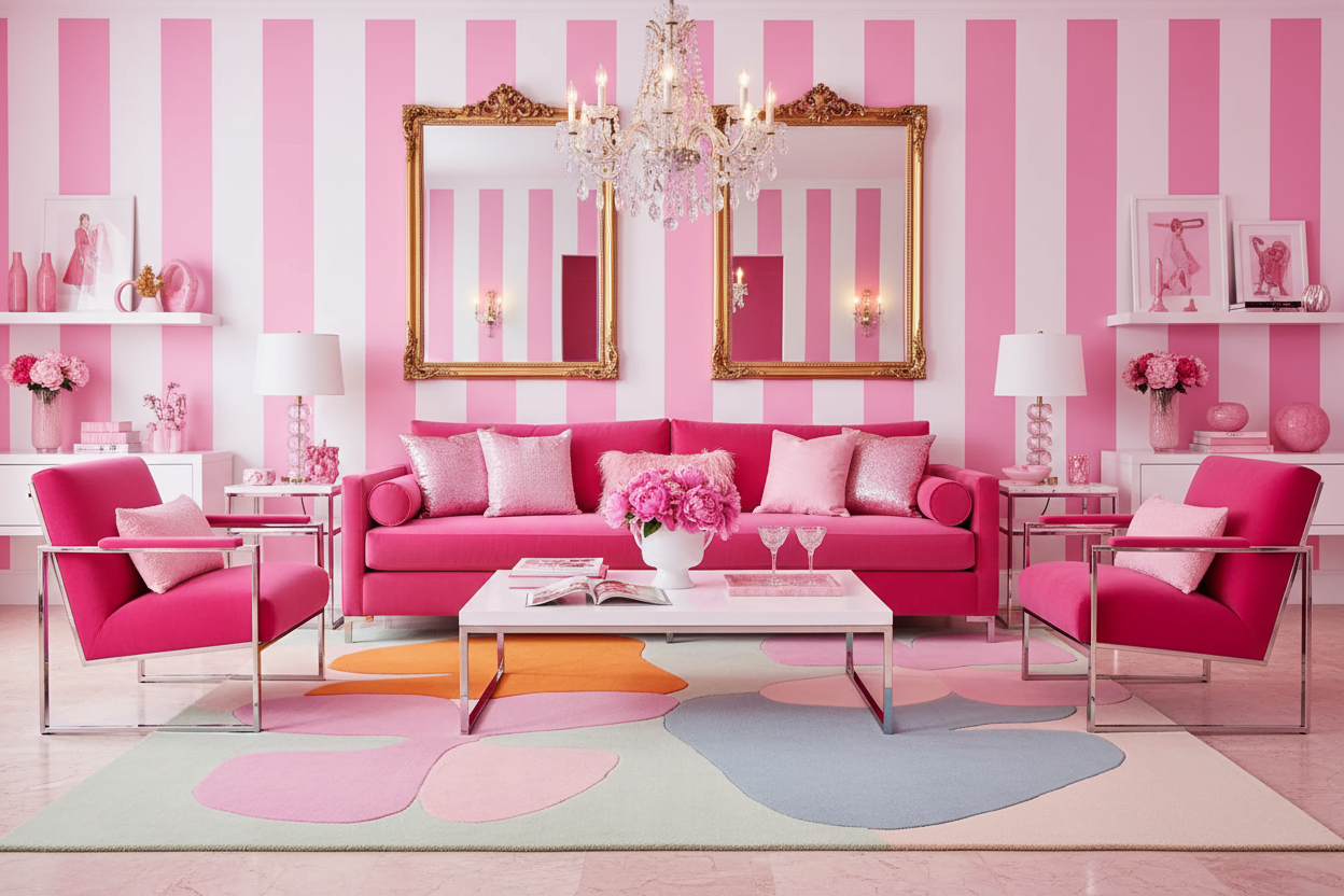 Pink living room with striped walls, floral rug, furniture, and decor.