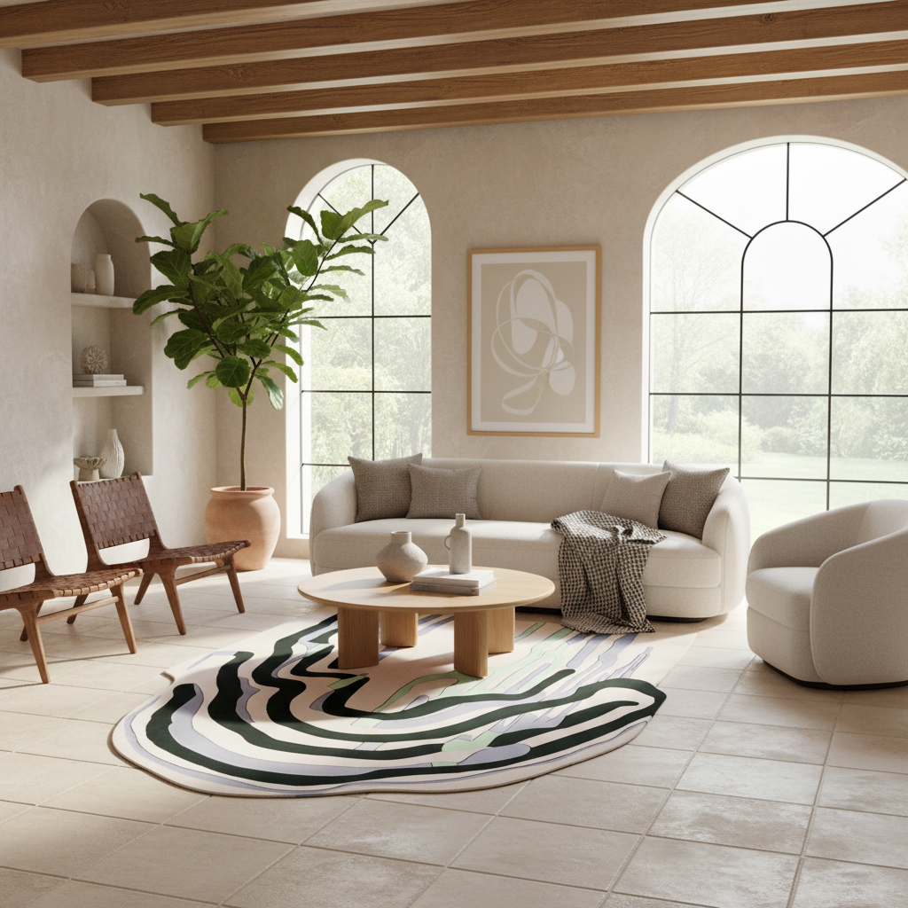 A modern living room interior with a cream sofa, round wooden coffee table, two woven accent chairs, a large abstract-patterned round rug, and tall arched windows with wood ceiling beams.