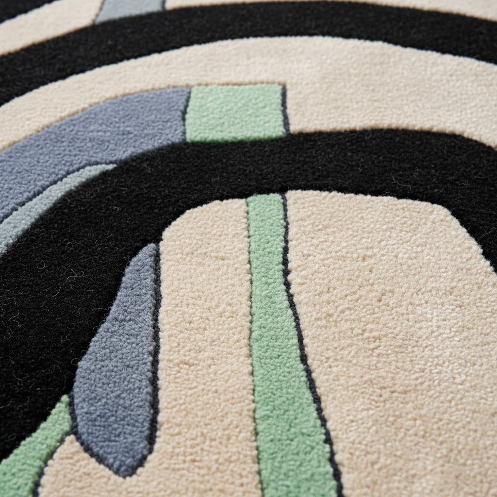 Close-up of a plush area rug with an abstract geometric pattern in cream, black, sage green, and slate blue.
