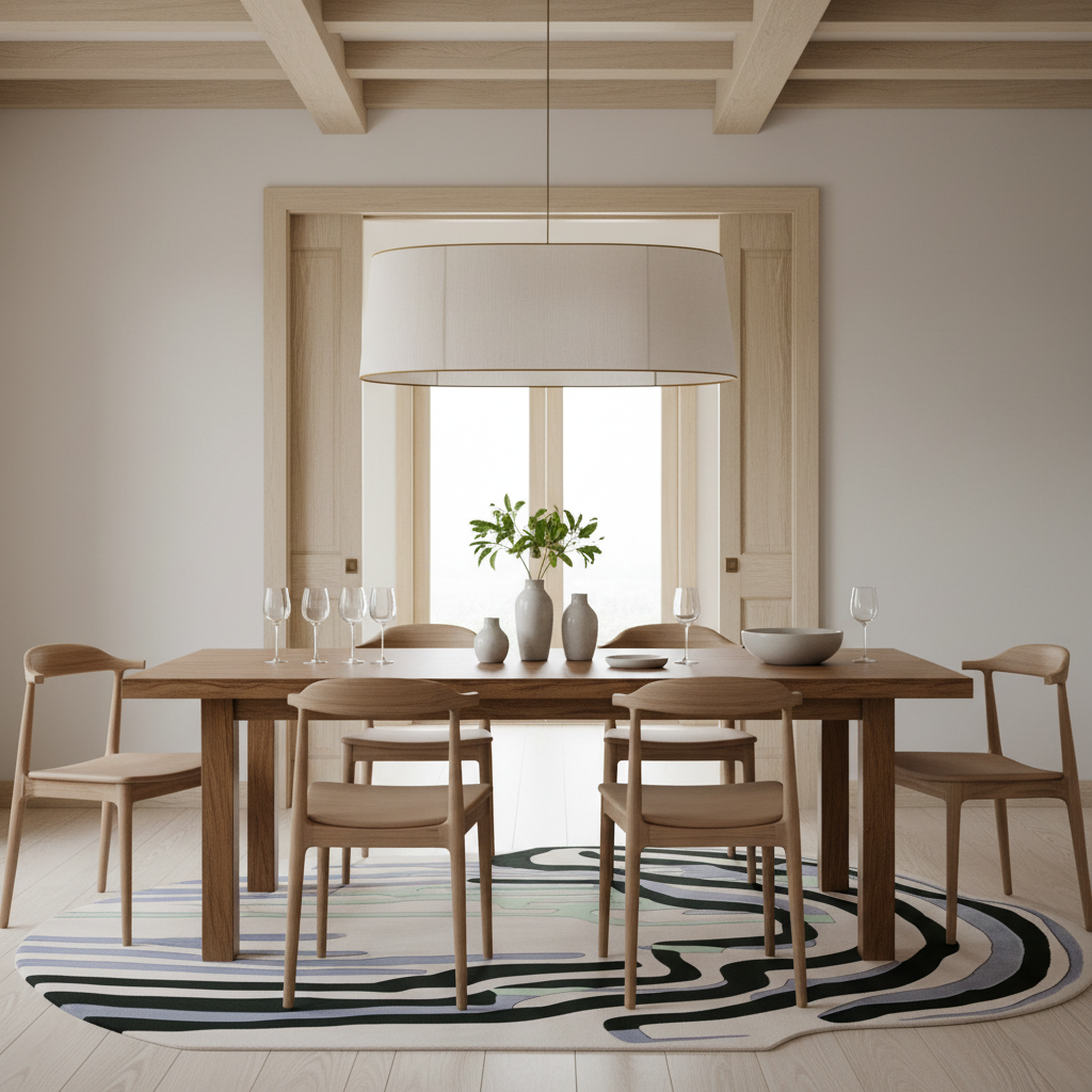 A minimalist dining room scene featuring a light wood rectangular table surrounded by six matching wooden chairs with curved backs, set on a patterned black, white, and blue rug. A large white drum pendant light hangs above, and a vase with green stems sits in the center. The room has a warm neutral aesthetic with light wood ceiling beams, a white door frame, and a bright window in the background.