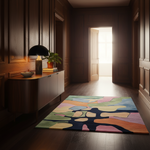 A colorful abstract area rug lies on a dark wood hallway floor, with a wooden sideboard, black dome lamp, and potted plant to the left and an open doorway glowing in the background.