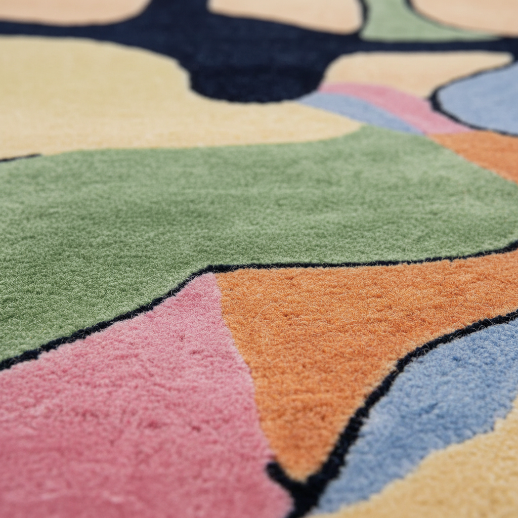 Close-up of a plush area rug with an abstract, organic pattern in pastel pink, sage green, orange, light blue, and cream, separated by thin black outlines.
