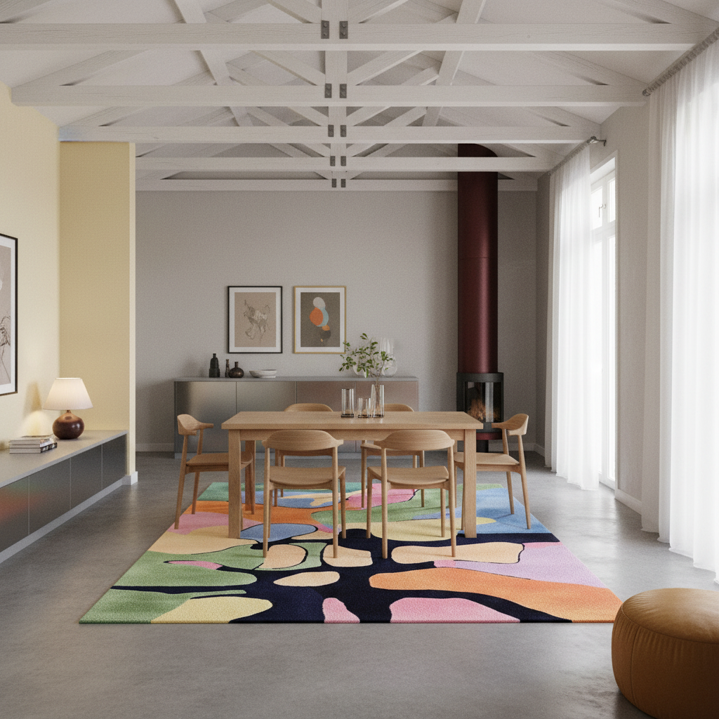 A large, colorful abstract-patterned area rug in a modern dining room setting. The rug features bold, organic shapes in pink, green, yellow, blue, and black. It is styled under a light wood dining table and chairs, with a gray concrete floor and a high ceiling with white beams.