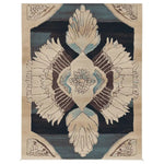 Ornamental Winged Echo hand-tufted rug with a symmetrical winged medallion in tan and blue-gray