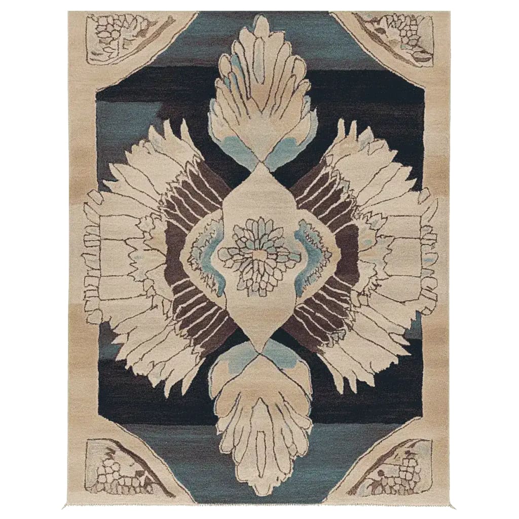 Ornamental Winged Echo hand-tufted rug with a symmetrical winged medallion in tan and blue-gray