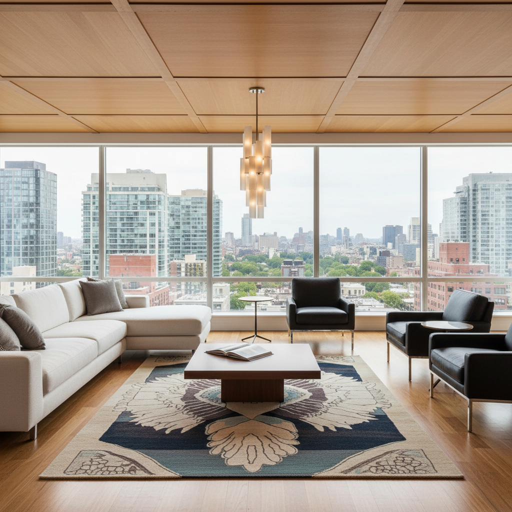 A modern living room interior with a large sectional sofa, black accent chairs, a patterned area rug, and a low wooden coffee table, all arranged in front of floor-to-ceiling windows overlooking a city skyline.