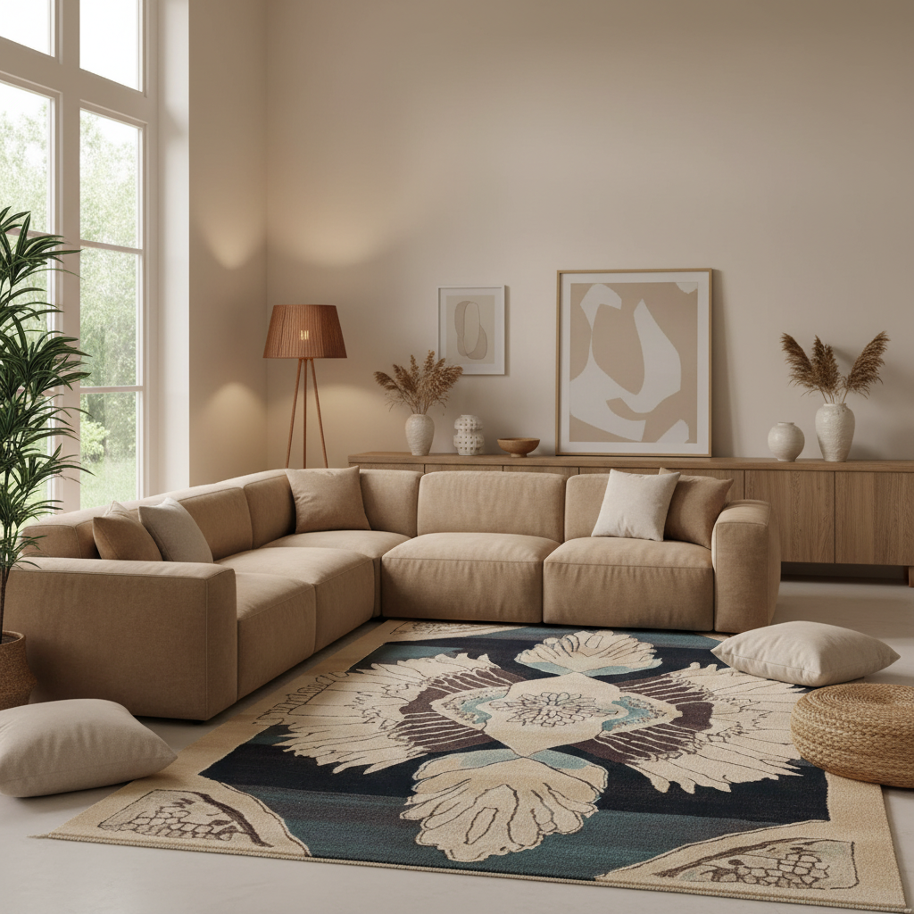 A styled living room featuring a large beige sectional sofa, a large area rug with a navy, beige, and teal floral medallion pattern, and a light wood credenza with decorative vases and framed art.