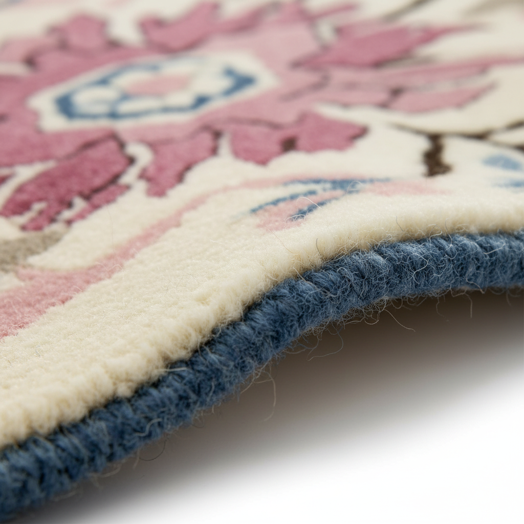 Close-up of a patterned area rug corner showing a cream base with pink floral motifs, blue accents, and a blue tufted edge on a white background.