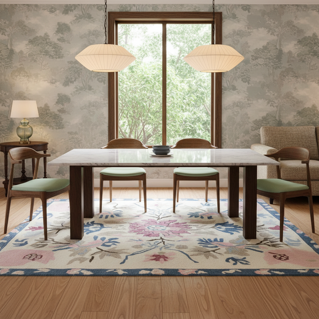 A styled dining room scene featuring a rectangular white marble-top dining table with dark wood legs, surrounded by four mid-century style chairs with light green cushions. The setup is on a large floral area rug with a light wood floor, set against a backdrop of patterned wallpaper, a window looking out to greenery, and two hanging pendant lights.