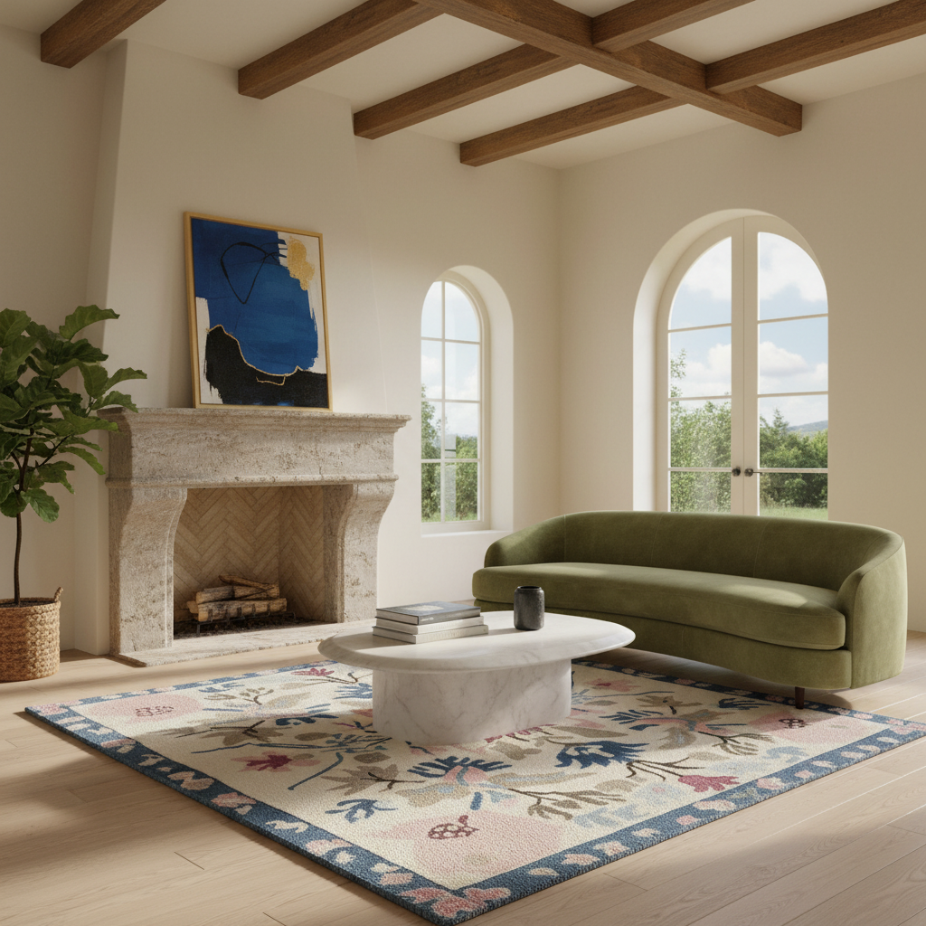 A styled living room interior featuring a curved olive green sofa, a white marble coffee table, a large floral area rug, a stone fireplace with abstract wall art, and tall arched windows with wooden ceiling beams.