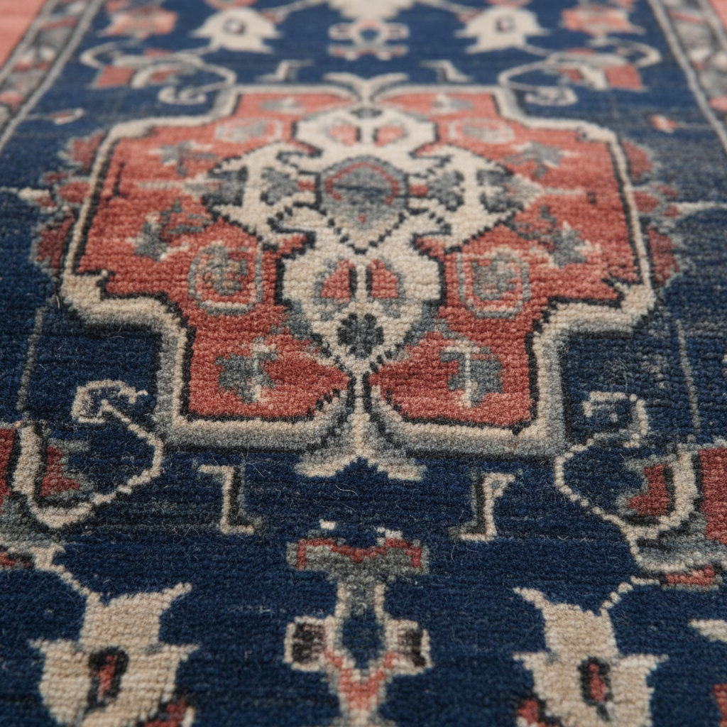 Close-up of a traditional patterned rug with a navy blue field, coral red medallion, and cream and gray details.