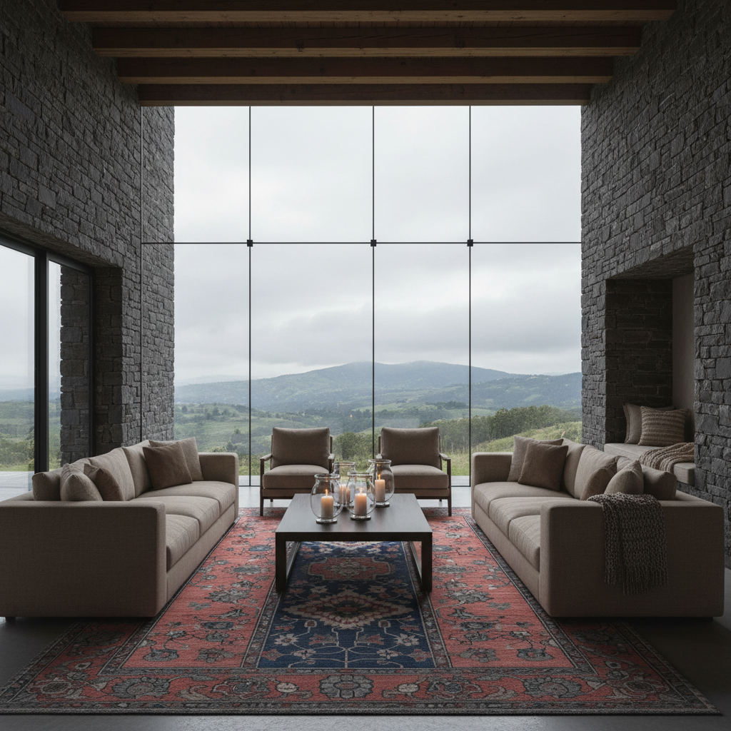 A modern living room with two beige sofas, two armchairs, a black coffee table, and a red and blue patterned rug, set against a backdrop of stone walls and a large window overlooking a mountain landscape.